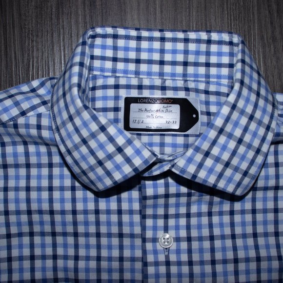 Lorenzo Uomo Men's Dress Shirt White Blue Plaid L - Picture 5 of 11